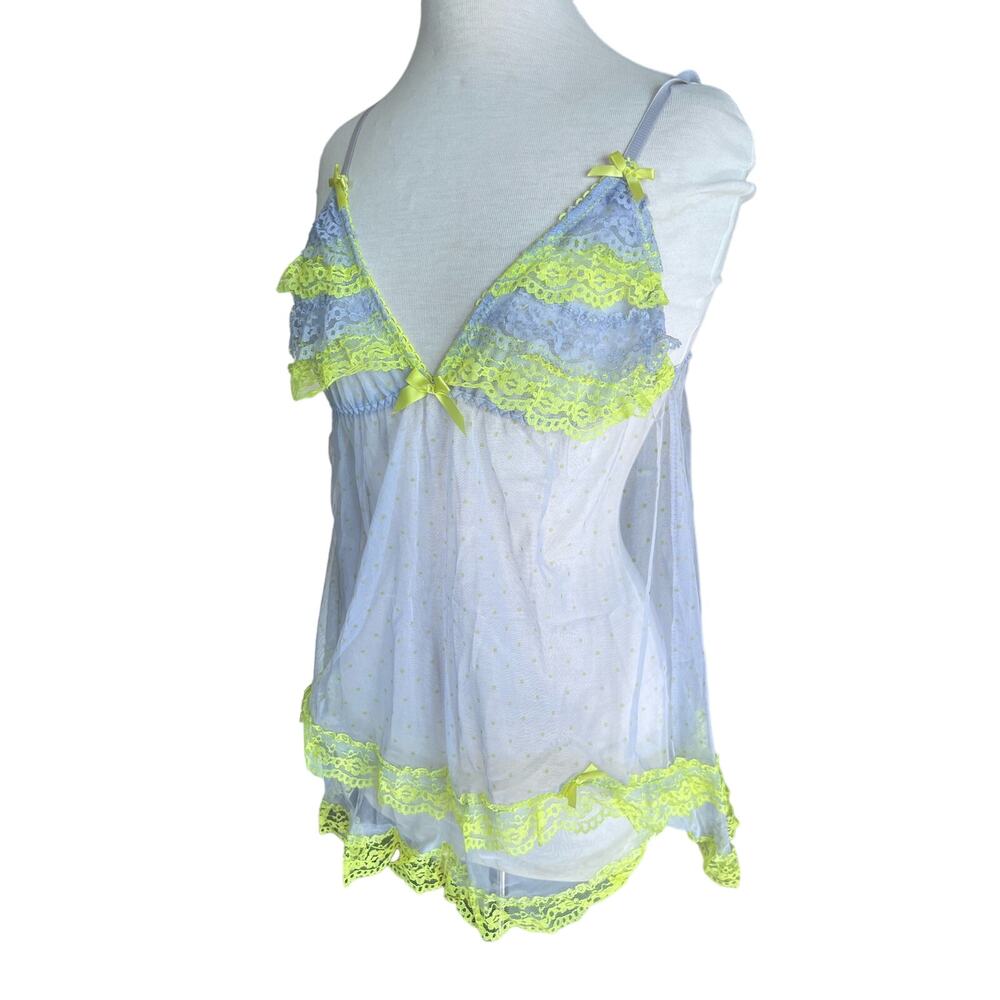 Lavender and Neon Yellow Sheer Polka Dot Lace Large Babydoll Slip Lingerie